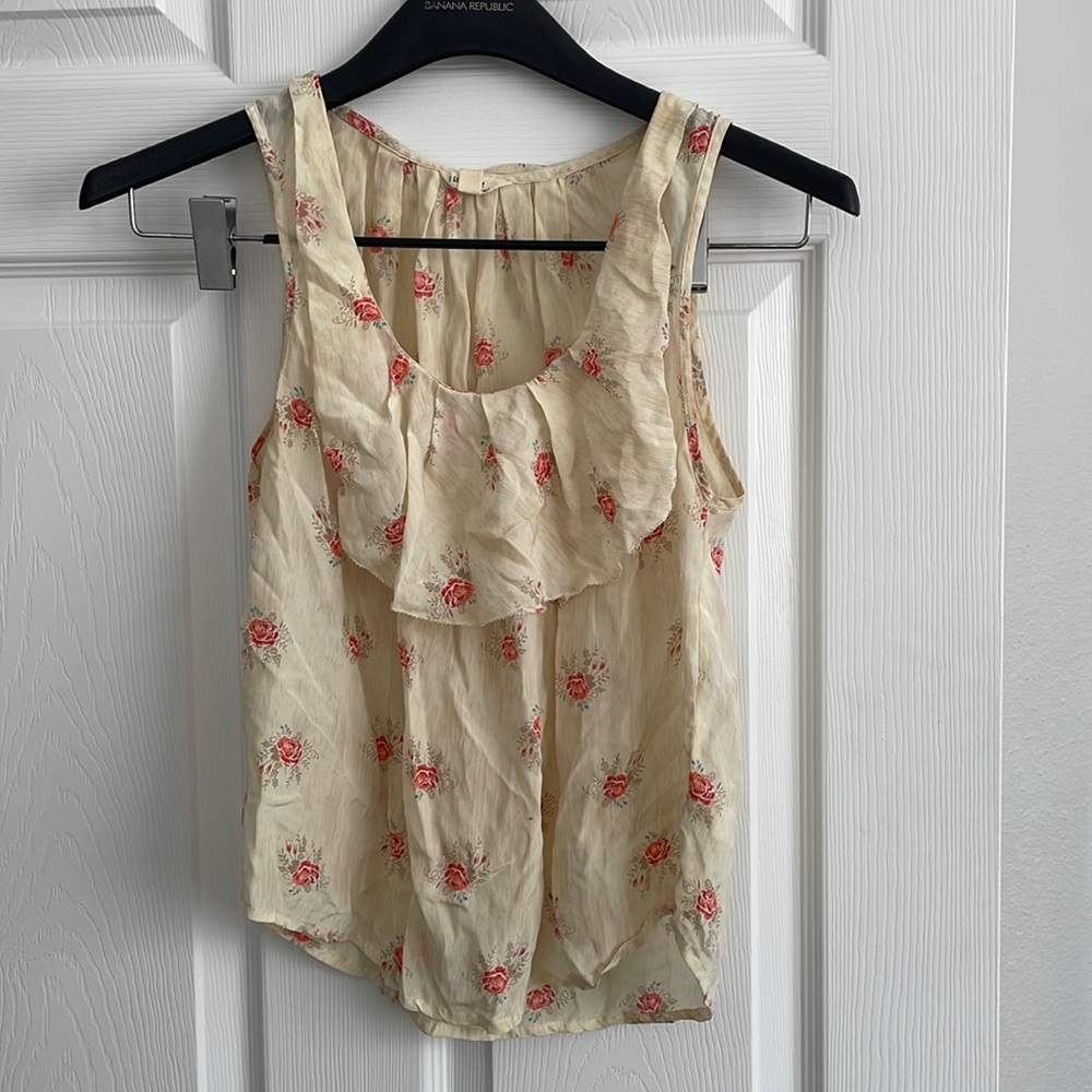 100% Silk Thin Lightweight Coral Floral and Cream Loose Flowy Ruffle Sleeveless